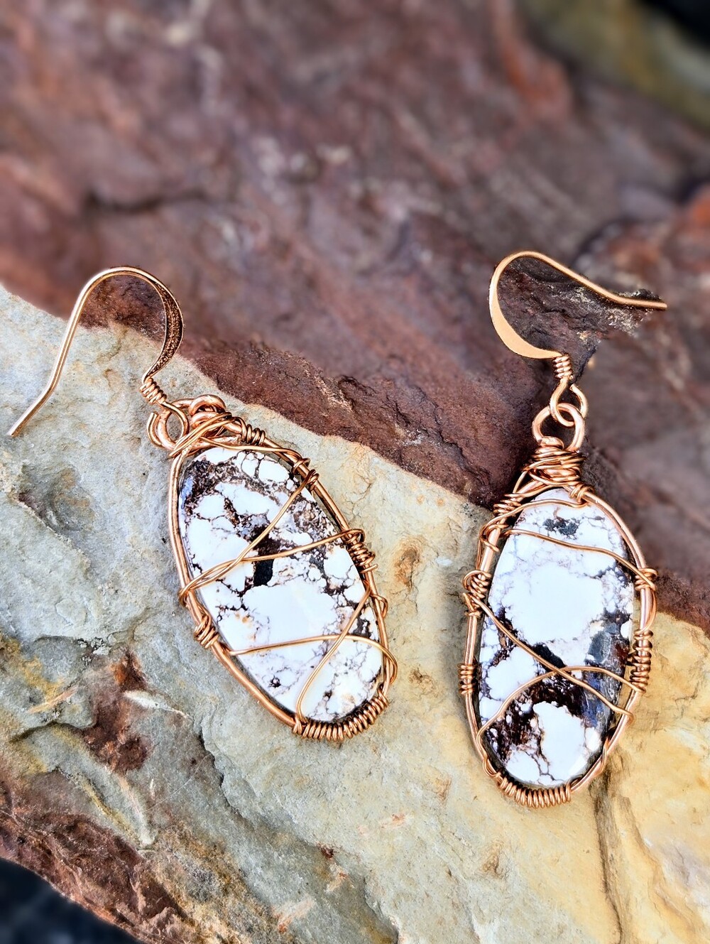 Genuine Wild /Crazy Horse Jasper In Simply Wrapped Copper Boho Earrings